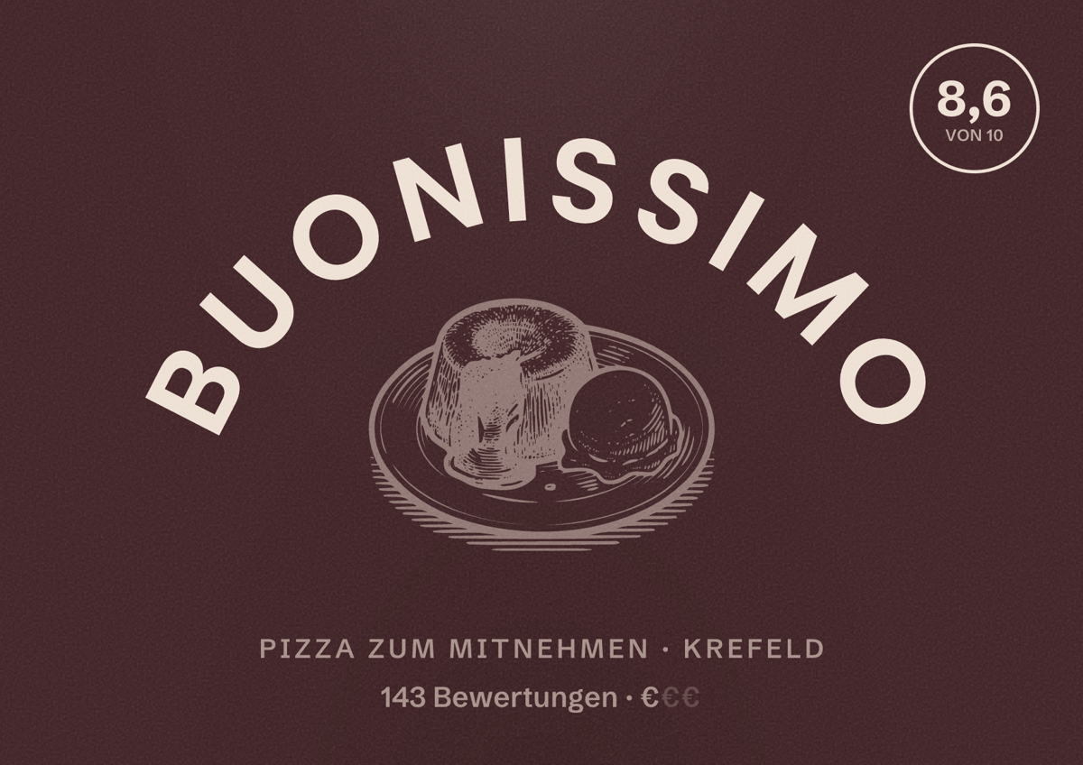 Illustriertes Poster von Buonissimo, Pizza zum Mitnehmen in Krefeld: Bewertung 8,6 von 10 aus 143 Bewertungen, Preisniveau €