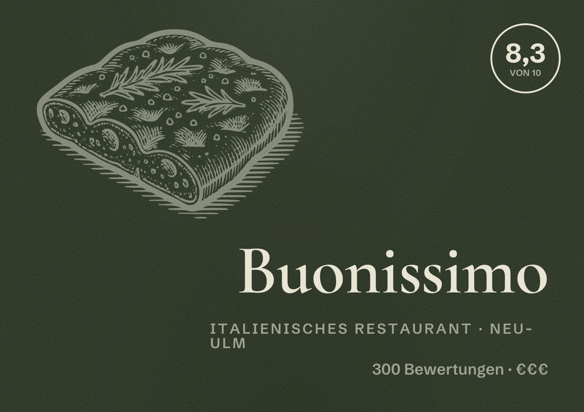 Illustriertes Poster von Buonissimo, Italienisches Restaurant in Neu-Ulm: Bewertung 8,3 von 10 aus 300 Bewertungen, Preisniveau €€€