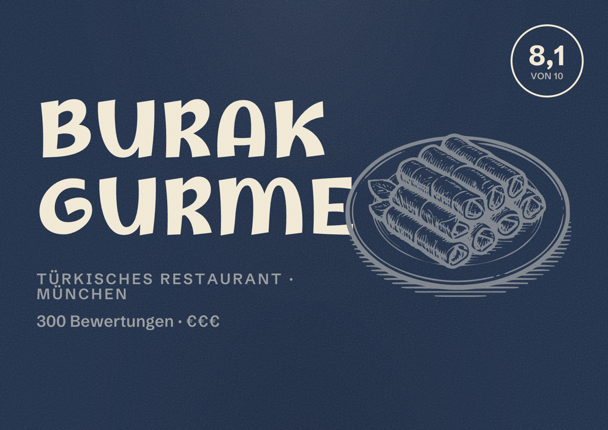 Illustriertes Poster von Burak Gurme, Türkisches Restaurant in München: Bewertung 8,1 von 10 aus 300 Bewertungen, Preisniveau €€€