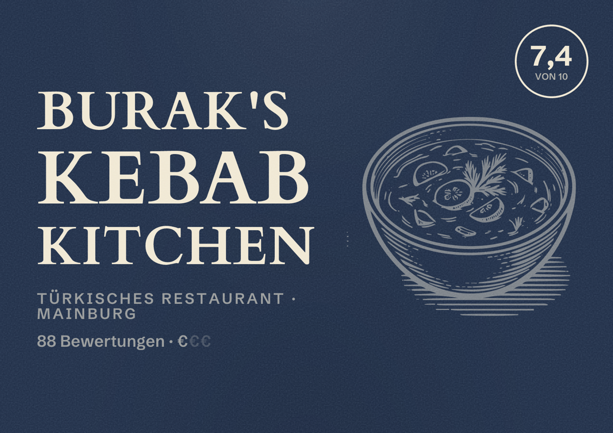 Illustriertes Poster von BURAK's KEBAB KITCHEN, Türkisches Restaurant in Mainburg: Bewertung 7,4 von 10 aus 88 Bewertungen, Preisniveau €