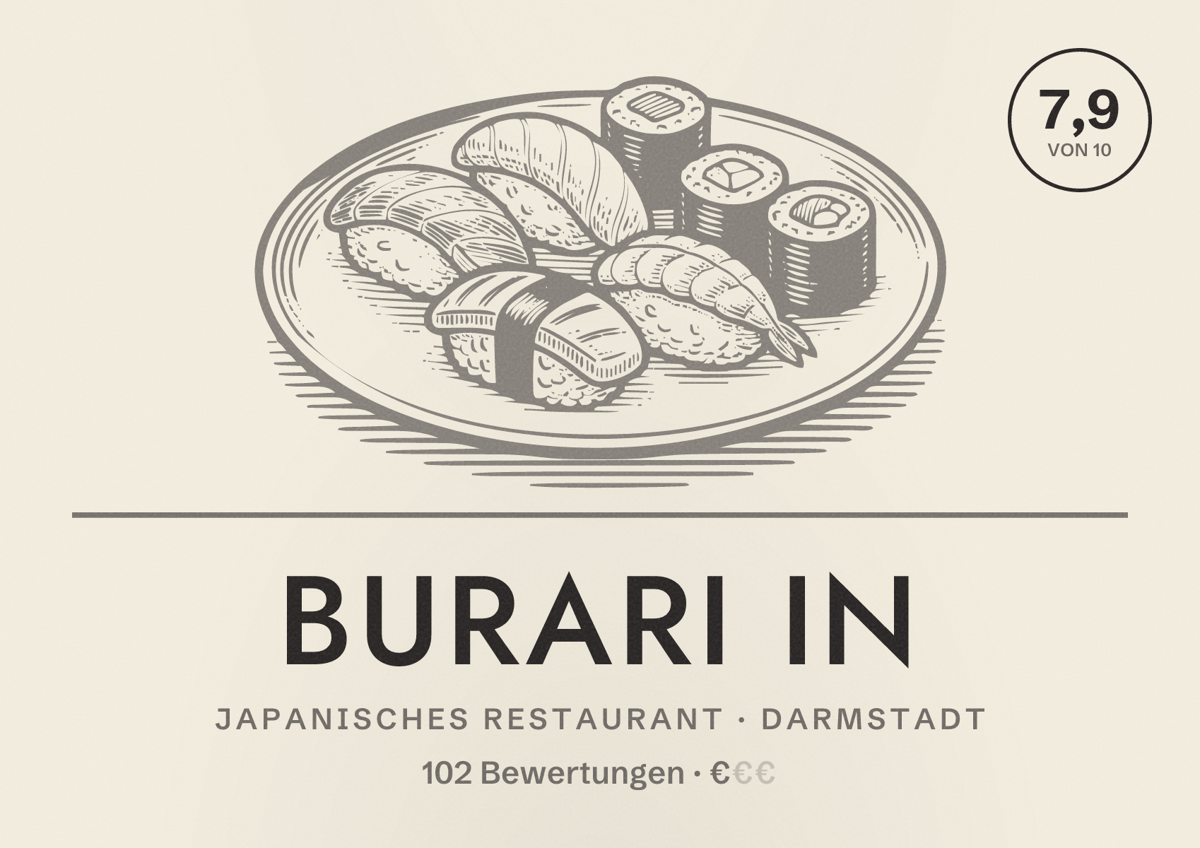 Illustriertes Poster von Burari in, Japanisches Restaurant in Darmstadt: Bewertung 7,9 von 10 aus 102 Bewertungen, Preisniveau €