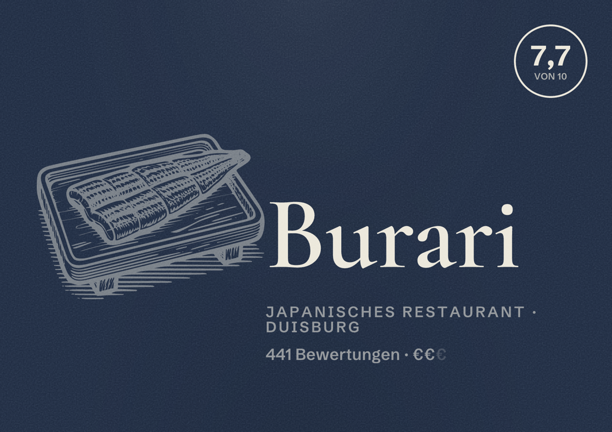 Illustriertes Poster von Burari, Japanisches Restaurant in Duisburg: Gästebewertung 7,7 von 10 aus 441 Bewertungen