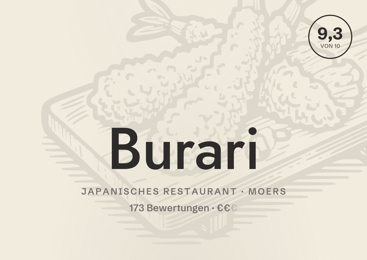 Illustriertes Poster von Burari, Japanisches Restaurant in Moers: Bewertung 9,3 von 10 aus 173 Bewertungen, Preisniveau €€