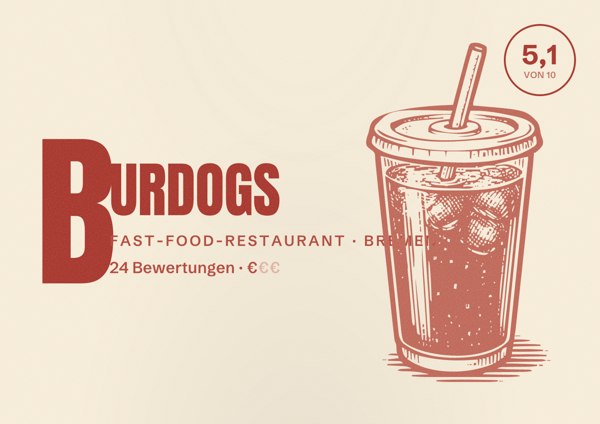 Illustriertes Poster von BURDOGS, Fast-Food-Restaurant in Bremen: Bewertung 5,1 von 10 aus 24 Bewertungen, Preisniveau €