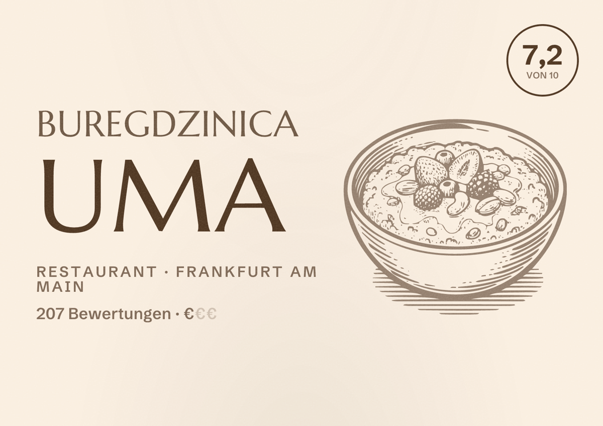 Illustriertes Poster von Buregdzinica Uma, Restaurant in Frankfurt am Main: Bewertung 7,2 von 10 aus 207 Bewertungen, Preisniveau €