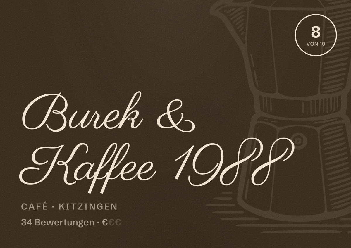 Illustriertes Poster von Burek & Kaffee 1988, Café in Kitzingen: Bewertung 8 von 10 aus 34 Bewertungen, Preisniveau €