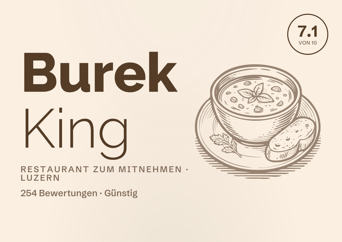 Illustriertes Poster von Burek King, Restaurant zum Mitnehmen in Luzern: Bewertung 7.1 von 10 aus 254 Bewertungen, Preisniveau Günstig