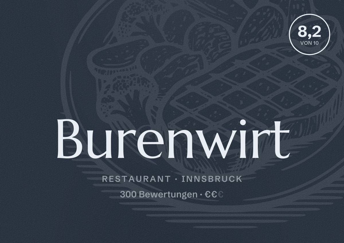 Illustriertes Poster von Burenwirt, Restaurant in Innsbruck: Bewertung 8,2 von 10 aus 300 Bewertungen, Preisniveau €€