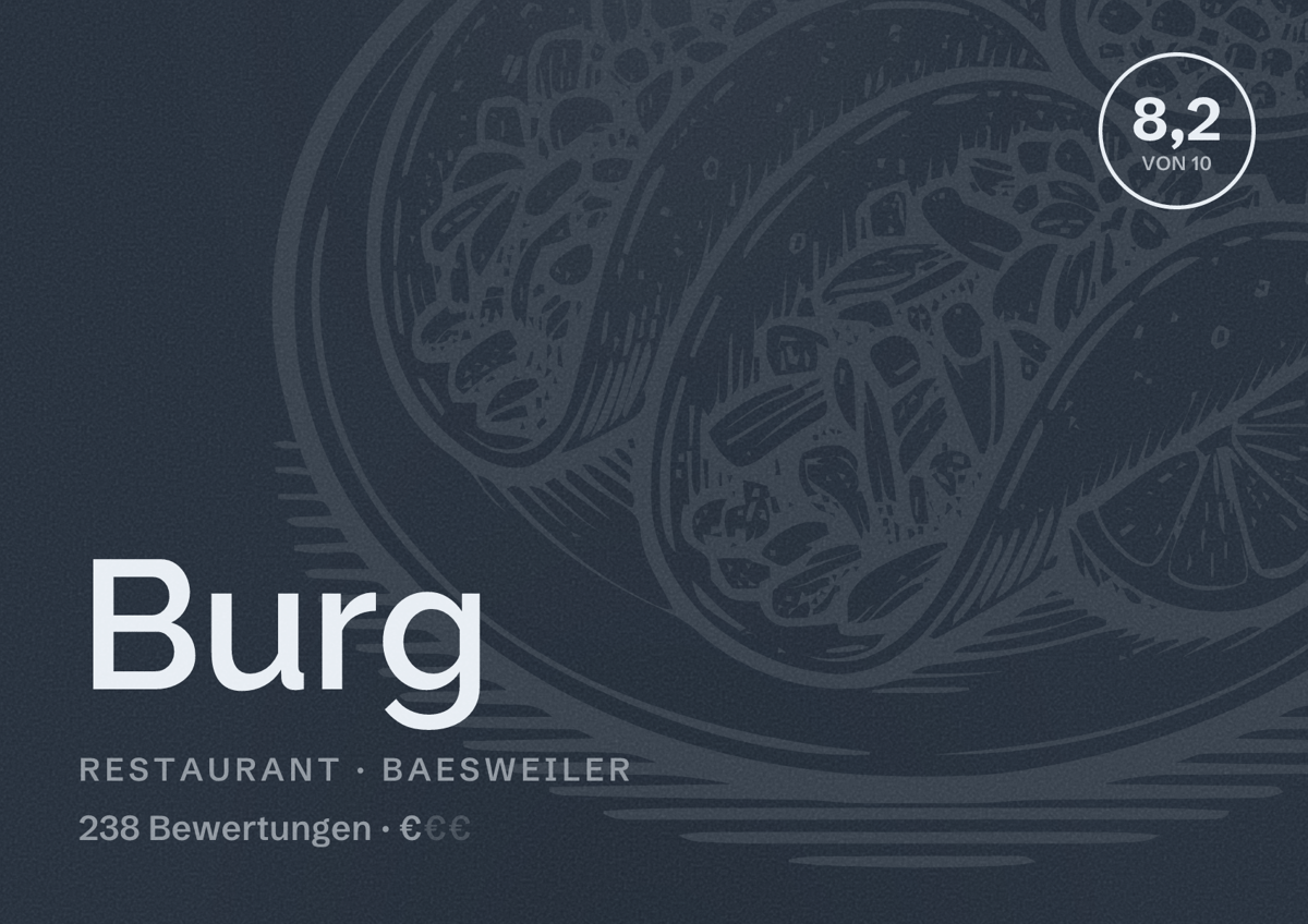 Illustriertes Poster von Burg, Restaurant in Baesweiler: Bewertung 8,2 von 10 aus 238 Bewertungen, Preisniveau €