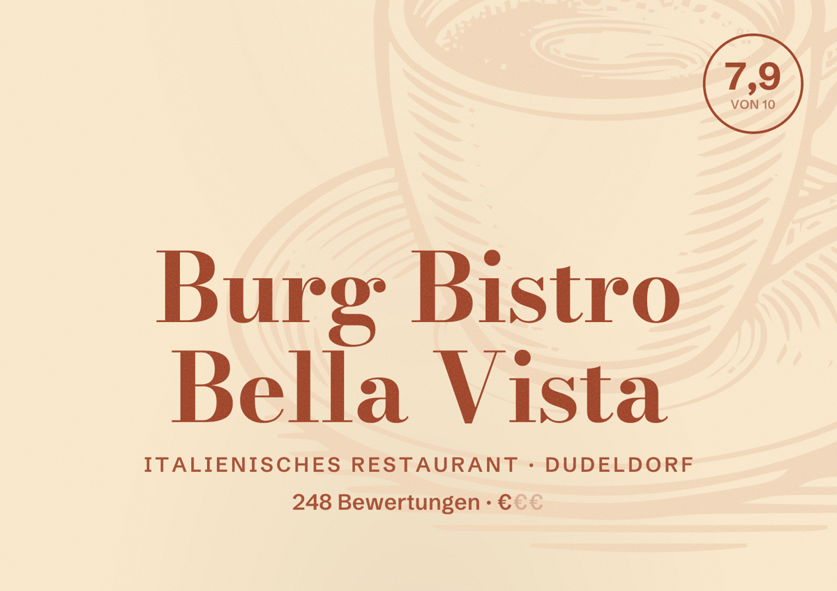 Illustriertes Poster von Burg Bistro Bella Vista, Italienisches Restaurant in Dudeldorf: Bewertung 7,9 von 10 aus 248 Bewertungen, Preisniveau €