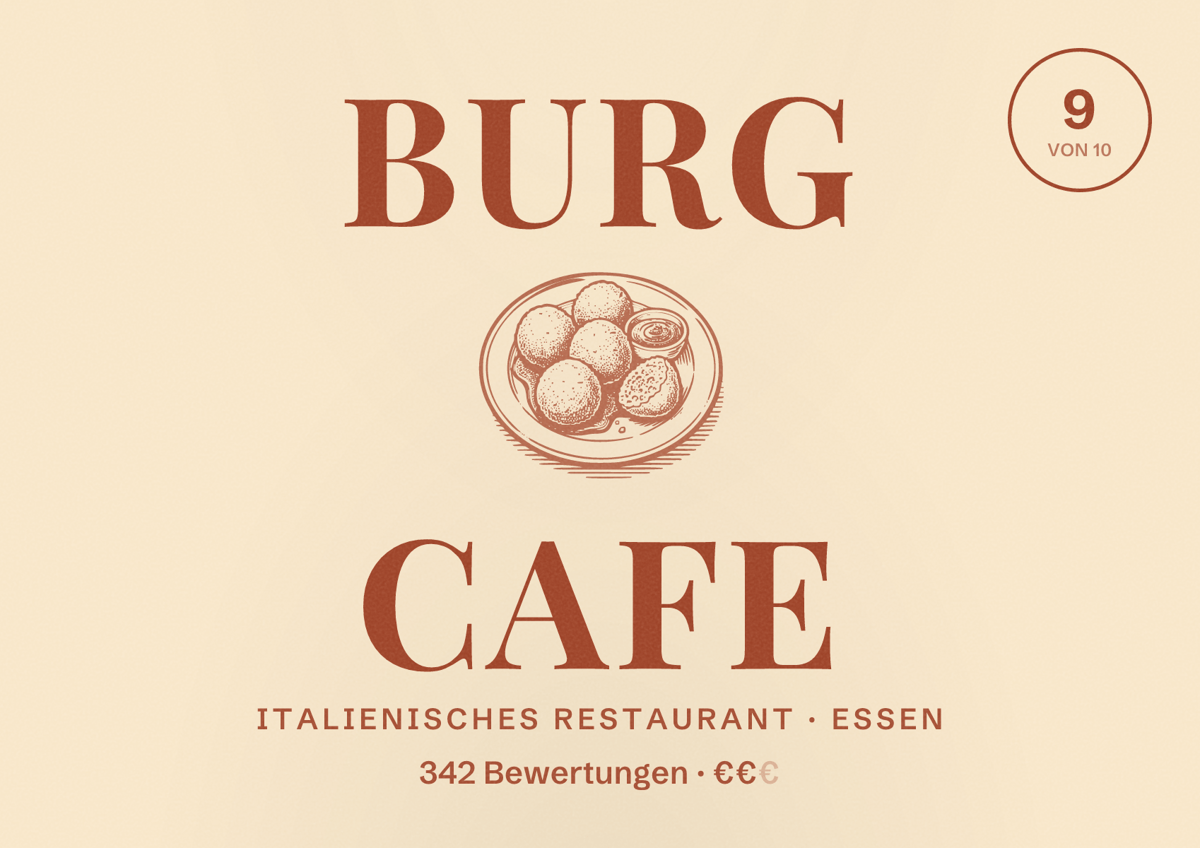 Illustriertes Poster von Burg Cafe, Italienisches Restaurant in Essen: Bewertung 9 von 10 aus 342 Bewertungen, Preisniveau €€