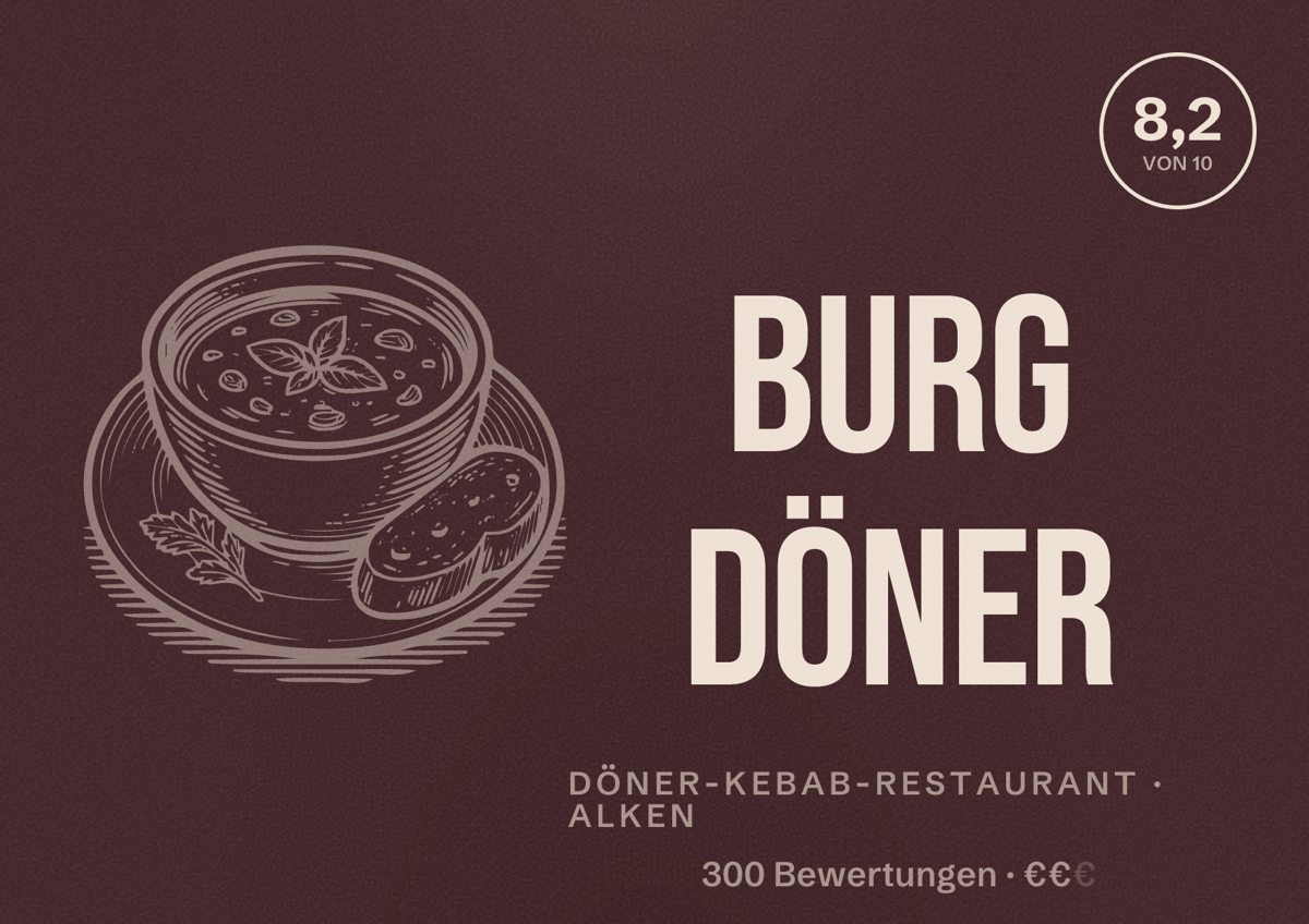 Illustriertes Poster von Burg Döner, Döner-Kebab-Restaurant in Alken: Bewertung 8,2 von 10 aus 300 Bewertungen, Preisniveau €€