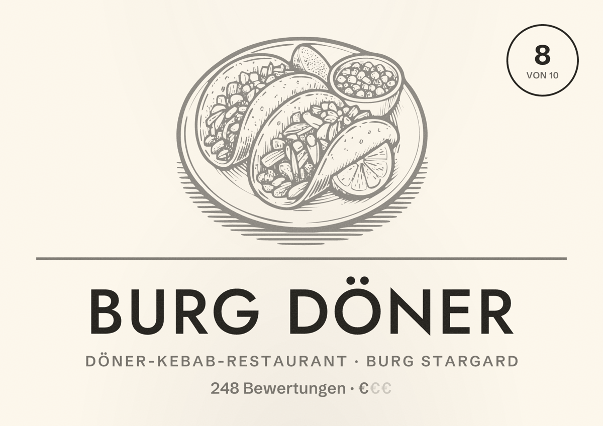 Illustriertes Poster von Burg Döner, Döner-Kebab-Restaurant in Burg Stargard: Bewertung 8 von 10 aus 248 Bewertungen, Preisniveau €