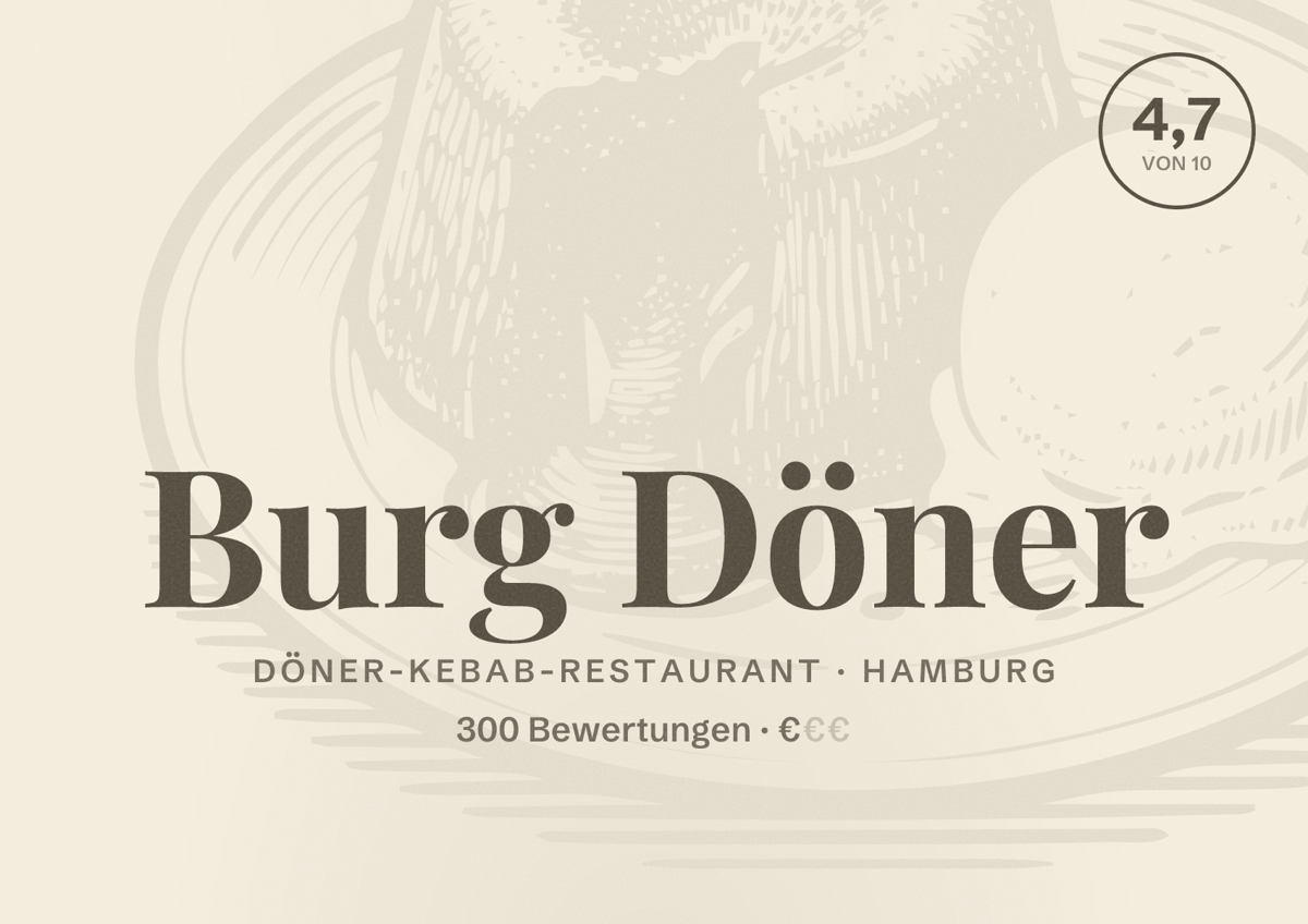 Illustriertes Poster von Burg Döner, Döner-Kebab-Restaurant in Hamburg: Bewertung 4,7 von 10 aus 300 Bewertungen, Preisniveau €