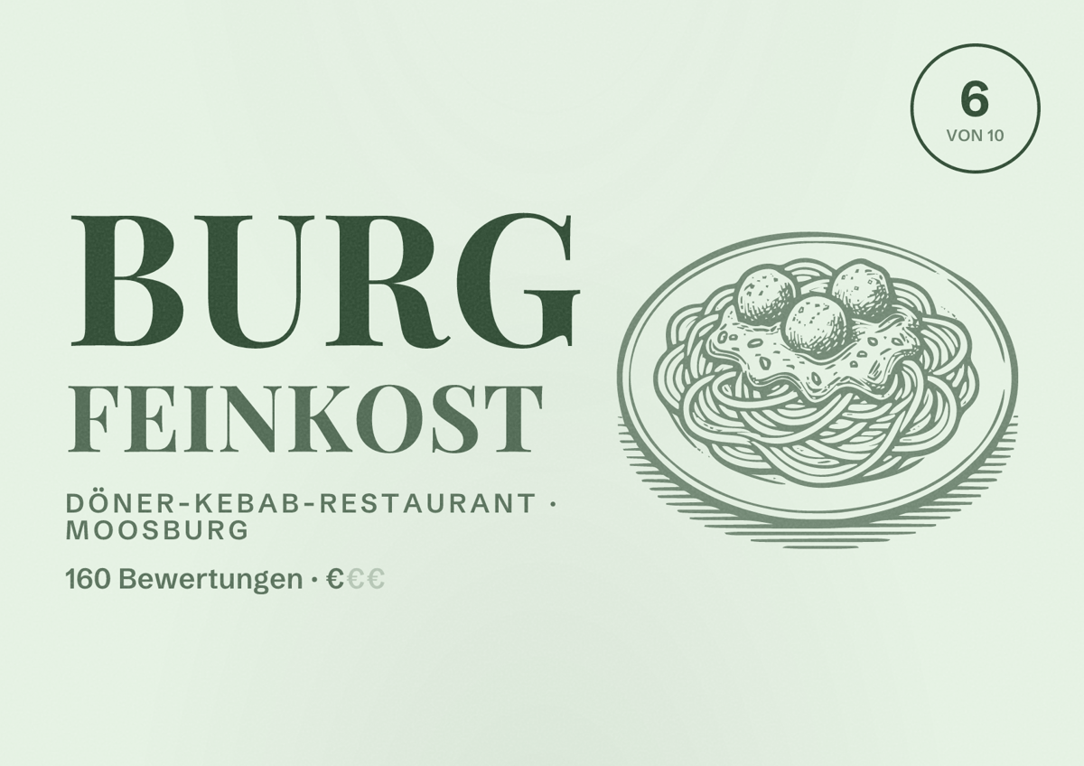 Illustriertes Poster von Burg Feinkost, Döner-Kebab-Restaurant in Moosburg: Bewertung 6 von 10 aus 160 Bewertungen, Preisniveau €