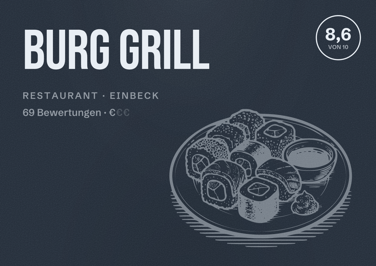 Illustriertes Poster von Burg Grill, Restaurant in Einbeck: Bewertung 8,6 von 10 aus 69 Bewertungen, Preisniveau €