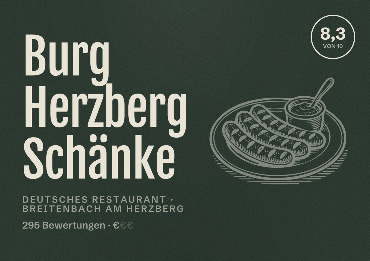 Illustriertes Poster von Burg Herzberg Schänke, Deutsches Restaurant in Breitenbach am Herzberg: Bewertung 8,3 von 10 aus 295 Bewertungen, Preisniveau €