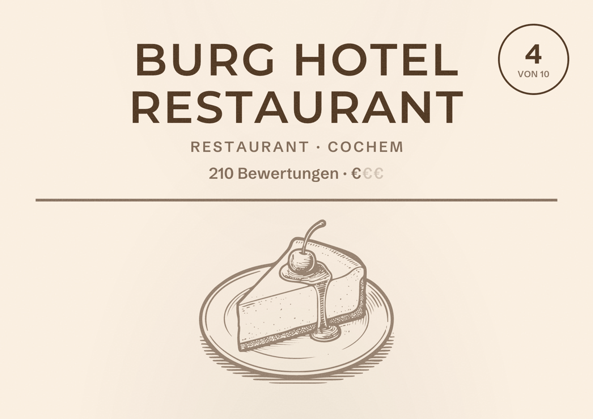 Illustriertes Poster von Burg Hotel Restaurant, Restaurant in Cochem: Bewertung 4 von 10 aus 210 Bewertungen, Preisniveau €