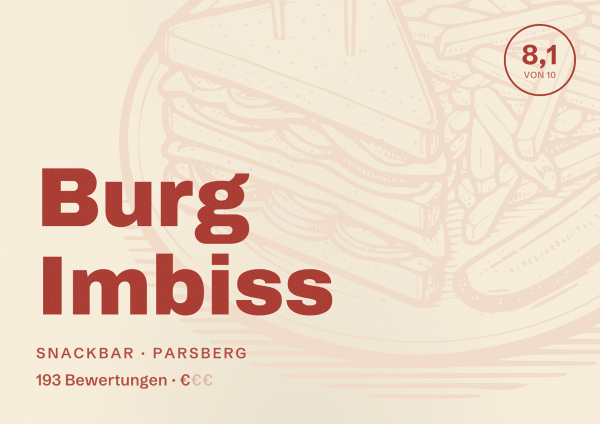 Illustriertes Poster von Burg Imbiss, Snackbar in Parsberg: Bewertung 8,1 von 10 aus 193 Bewertungen, Preisniveau €
