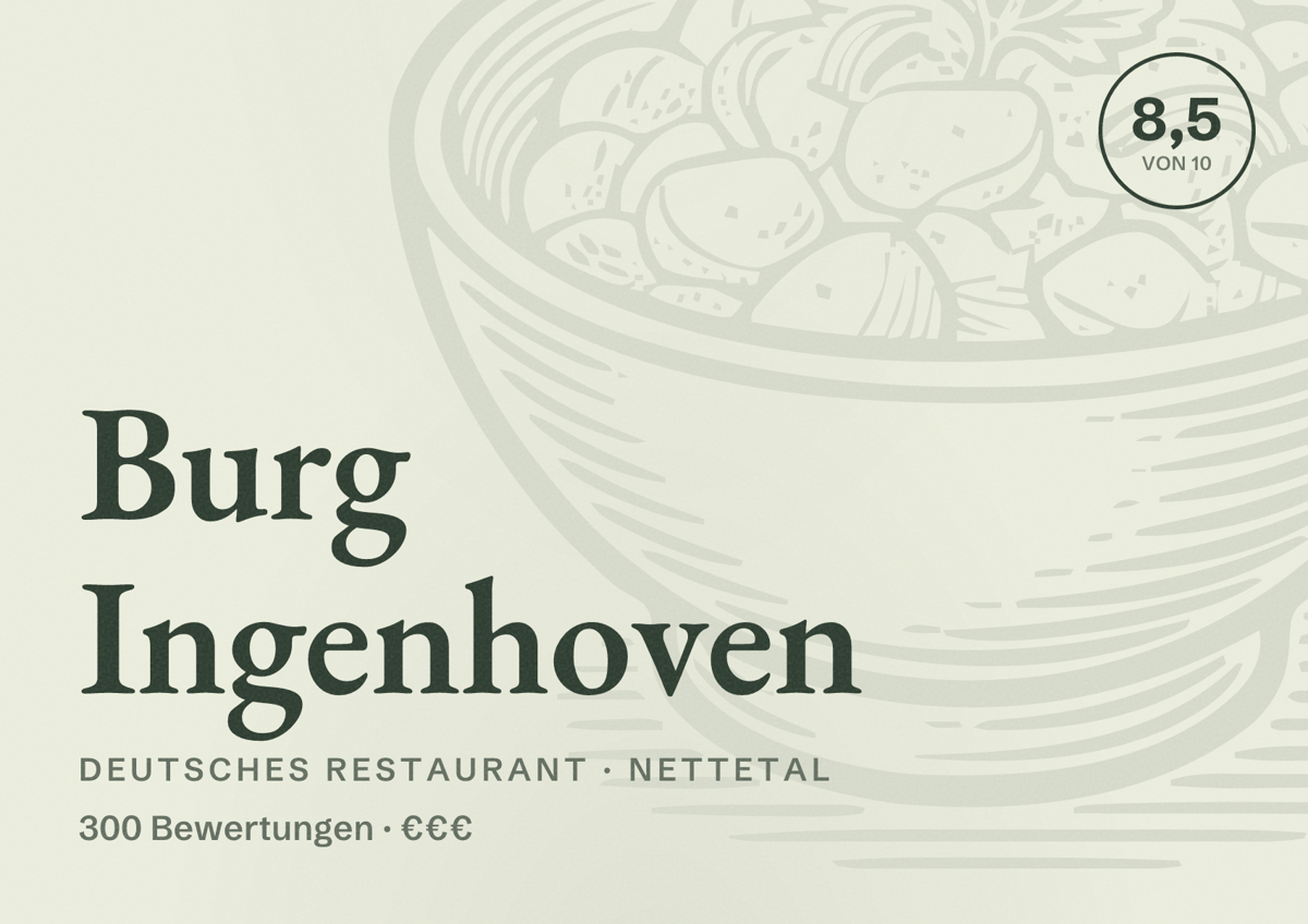 Illustriertes Poster von Burg Ingenhoven, Deutsches Restaurant in Nettetal: Bewertung 8,5 von 10 aus 300 Bewertungen, Preisniveau €€€