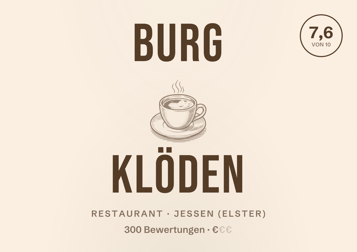 Illustriertes Poster von Burg Klöden, Restaurant in Jessen (Elster): Bewertung 7,6 von 10 aus 300 Bewertungen, Preisniveau €