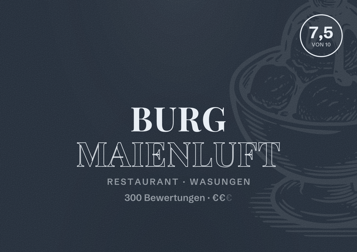 Illustriertes Poster von Burg Maienluft, Restaurant in Wasungen: Bewertung 7,5 von 10 aus 300 Bewertungen, Preisniveau €€