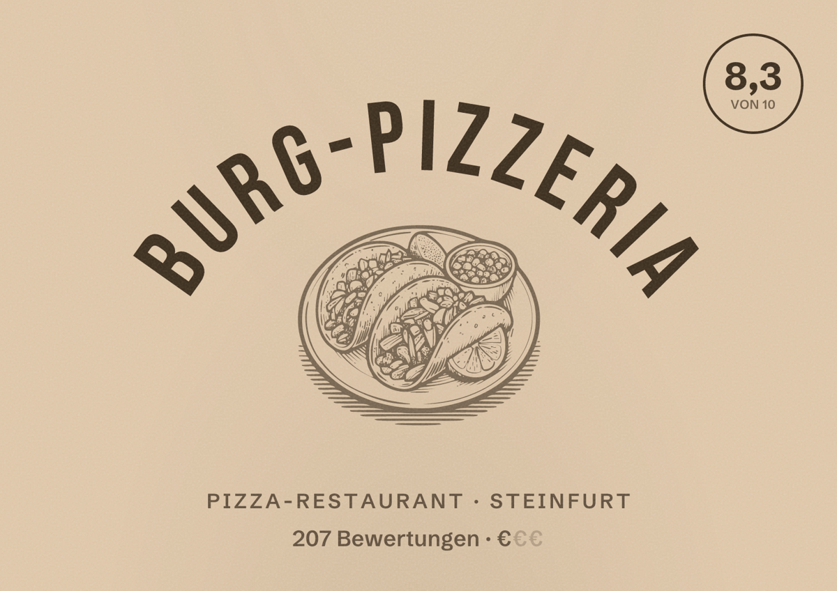 Illustriertes Poster von Burg-Pizzeria, Pizza-Restaurant in Steinfurt: Bewertung 8,3 von 10 aus 207 Bewertungen, Preisniveau €