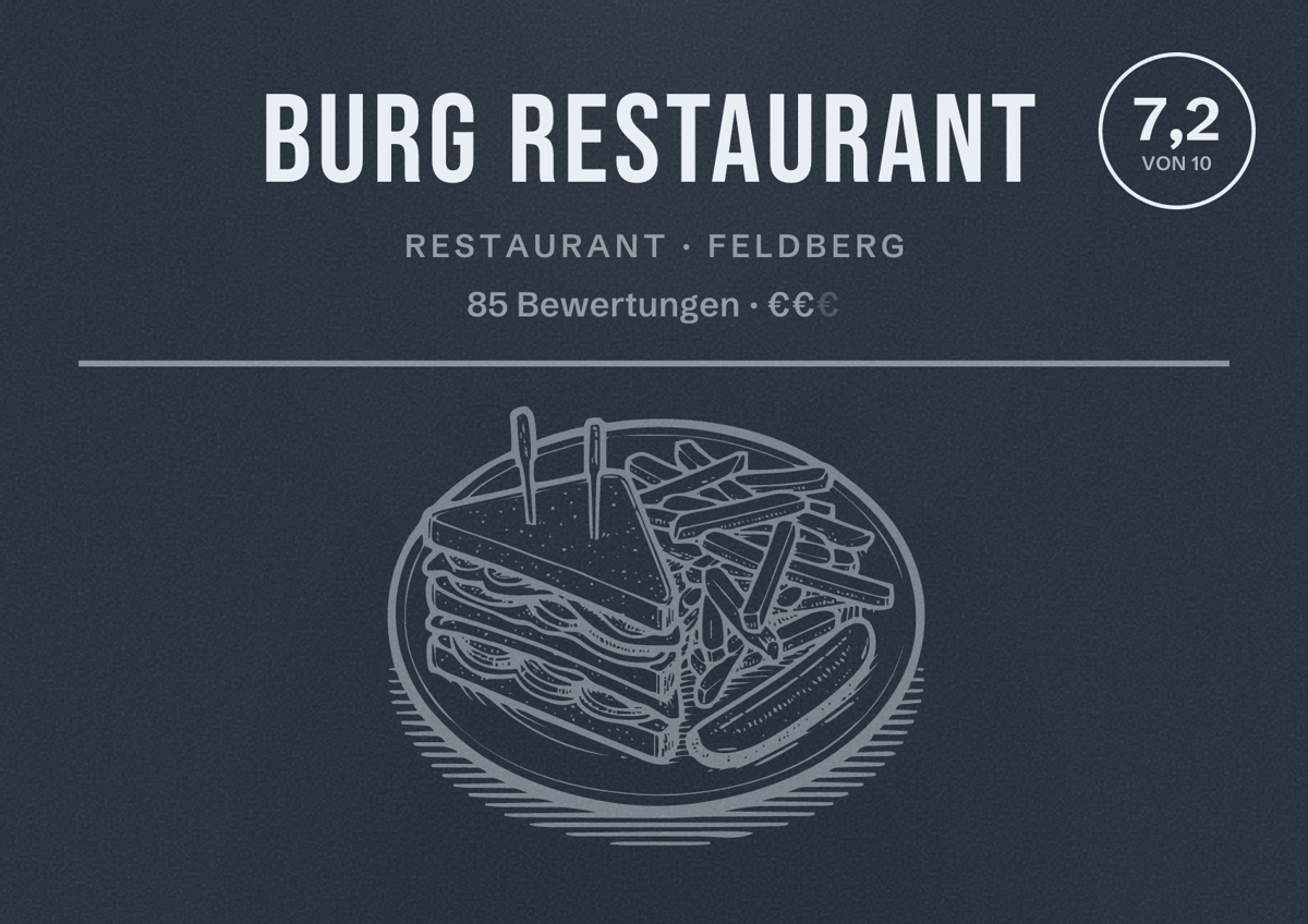 Illustriertes Poster von Burg Restaurant, Restaurant in Feldberg: Bewertung 7,2 von 10 aus 85 Bewertungen, Preisniveau €€