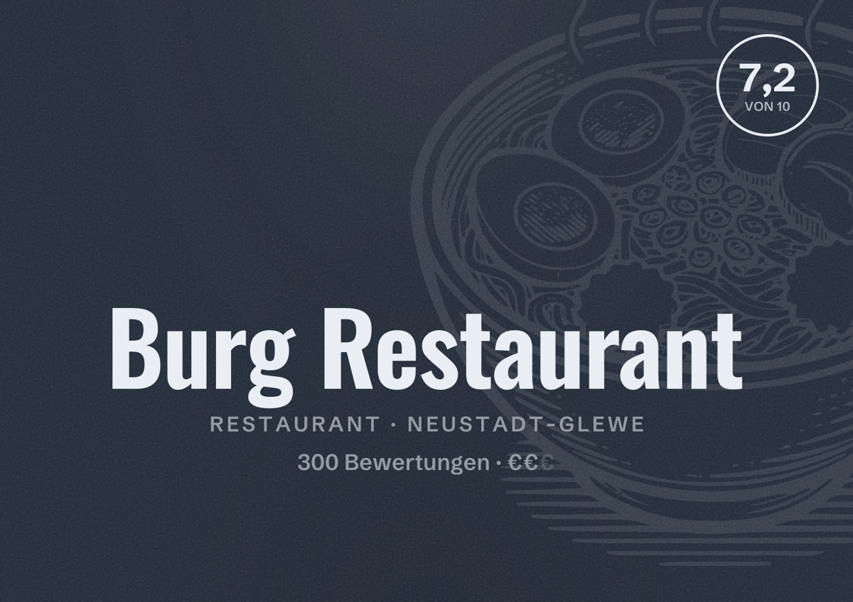 Illustriertes Poster von Burg Restaurant, Restaurant in Neustadt-Glewe: Bewertung 7,2 von 10 aus 300 Bewertungen, Preisniveau €€