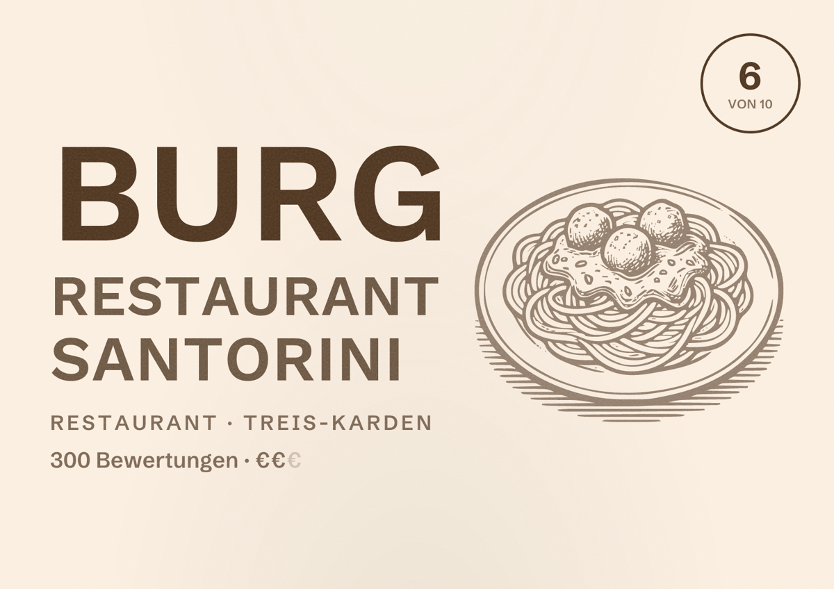 Illustriertes Poster von Burg Restaurant Santorini, Restaurant in Treis-Karden: Bewertung 6 von 10 aus 300 Bewertungen, Preisniveau €€