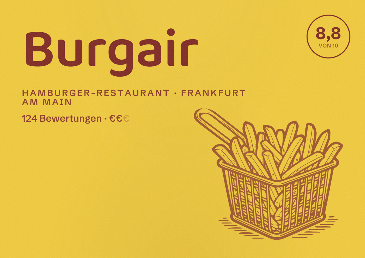 Illustriertes Poster von Burgair, Hamburger-Restaurant in Frankfurt am Main: Bewertung 8,8 von 10 aus 124 Bewertungen, Preisniveau €€