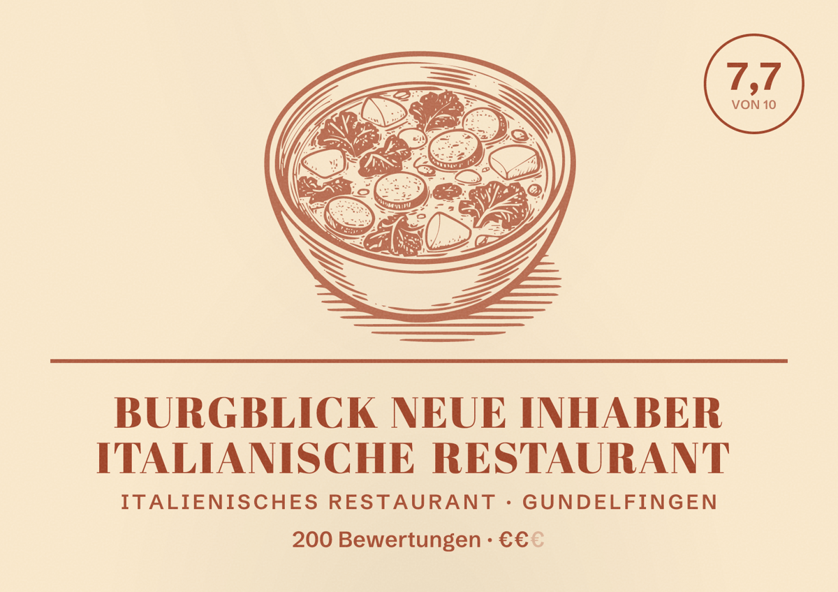 Illustriertes Poster von Burgblick Neue Inhaber Italianische Restaurant, Italienisches Restaurant in Gundelfingen: Bewertung 7,7 von 10 aus 200 Bewertungen, Preisniveau €€