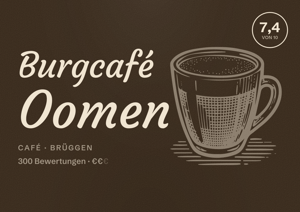 Illustriertes Poster von Burgcafé Oomen, Café in Brüggen: Bewertung 7,4 von 10 aus 300 Bewertungen, Preisniveau €€