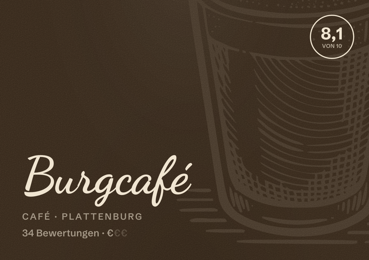 Illustriertes Poster von Burgcafé, Café in Plattenburg: Bewertung 8,1 von 10 aus 34 Bewertungen, Preisniveau €