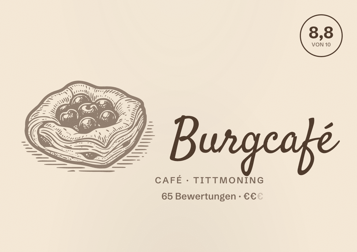 Illustriertes Poster von Burgcafé, Café in Tittmoning: Bewertung 8,8 von 10 aus 65 Bewertungen, Preisniveau €€