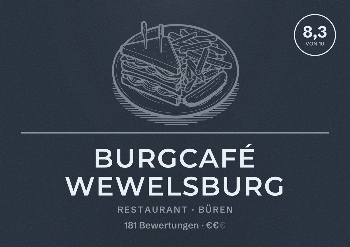 Illustriertes Poster von Burgcafé Wewelsburg, Restaurant in Büren: Bewertung 8,3 von 10 aus 181 Bewertungen, Preisniveau €€