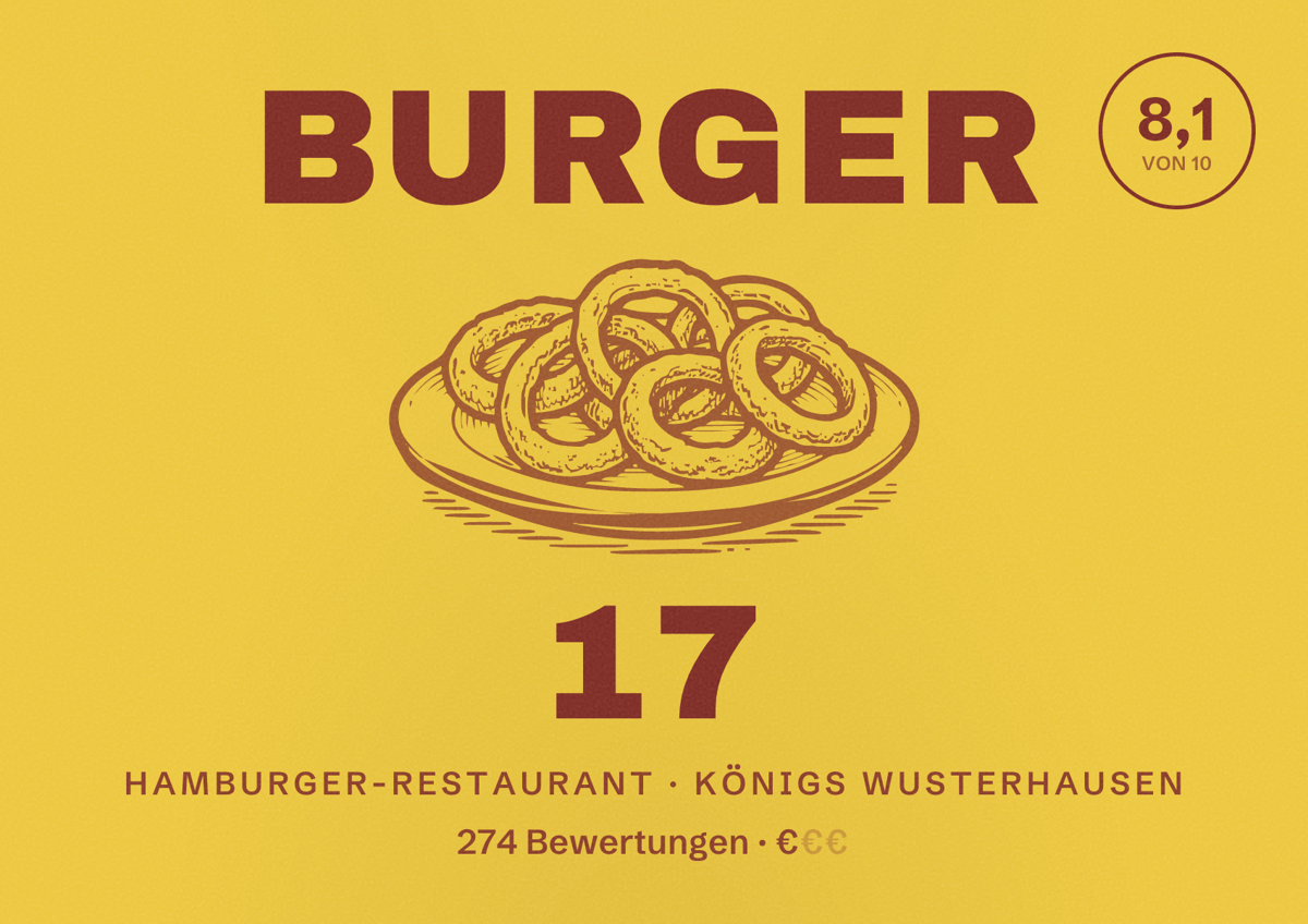 Illustriertes Poster von Burger 17, Hamburger-Restaurant in Königs Wusterhausen: Bewertung 8,1 von 10 aus 274 Bewertungen, Preisniveau €