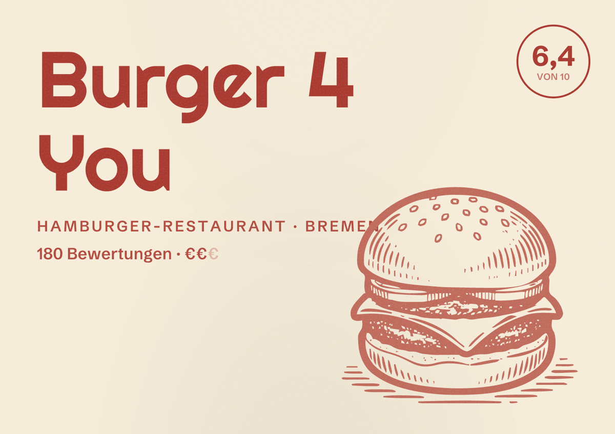 Illustriertes Poster von Burger 4 You, Hamburger-Restaurant in Bremen: Bewertung 6,4 von 10 aus 180 Bewertungen, Preisniveau €€
