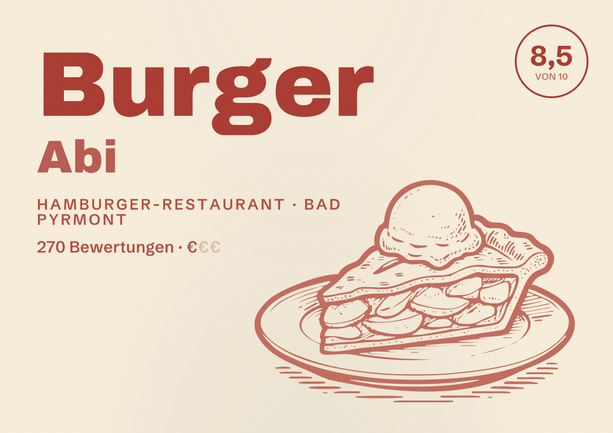 Illustriertes Poster von Burger Abi, Hamburger-Restaurant in Bad Pyrmont: Bewertung 8,5 von 10 aus 270 Bewertungen, Preisniveau €