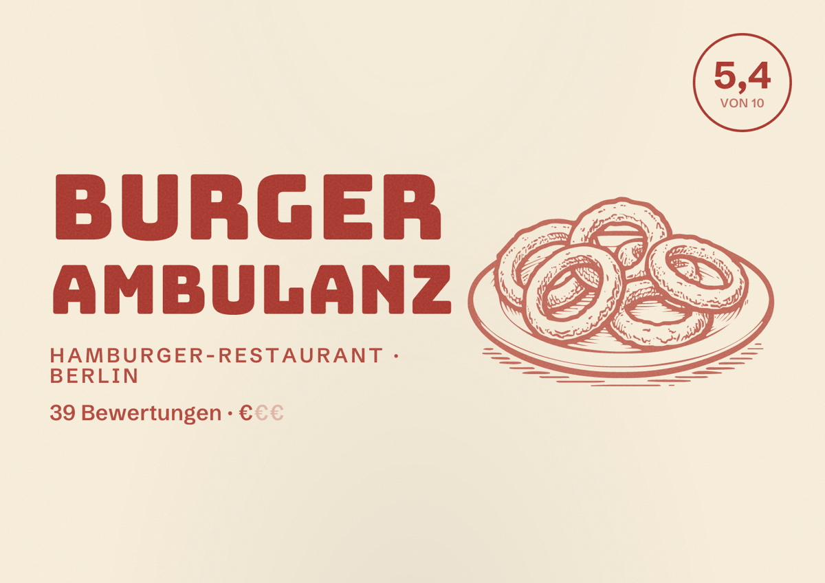 Illustriertes Poster von Burger Ambulanz, Hamburger-Restaurant in Berlin: Bewertung 5,4 von 10 aus 39 Bewertungen, Preisniveau €