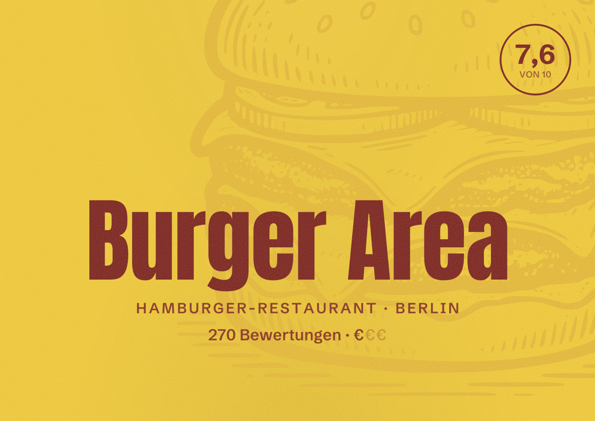 Illustriertes Poster von Burger Area, Hamburger-Restaurant in Berlin: Bewertung 7,6 von 10 aus 270 Bewertungen, Preisniveau €