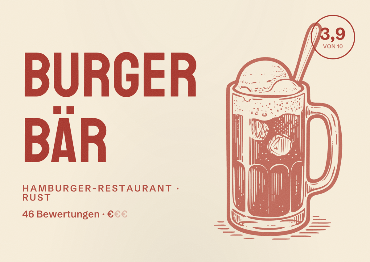Illustriertes Poster von Burger Bär, Hamburger-Restaurant in Rust: Bewertung 3,9 von 10 aus 46 Bewertungen, Preisniveau €