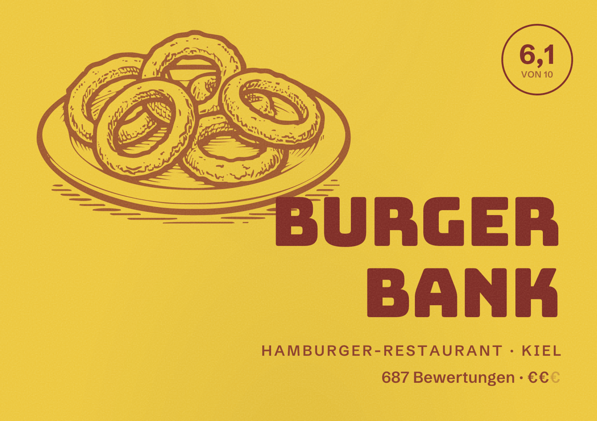 Illustriertes Poster von Burger Bank, Hamburger-Restaurant in Kiel: Bewertung 6,1 von 10 aus 687 Bewertungen, Preisniveau €€
