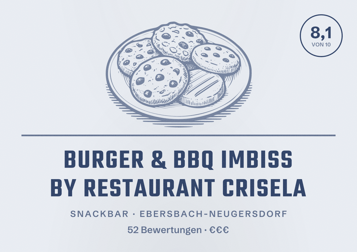 Illustriertes Poster von Burger & BBQ Imbiss by Restaurant Crisela, Snackbar in Ebersbach-Neugersdorf: Bewertung 8,1 von 10 aus 52 Bewertungen, Preisniveau €€€