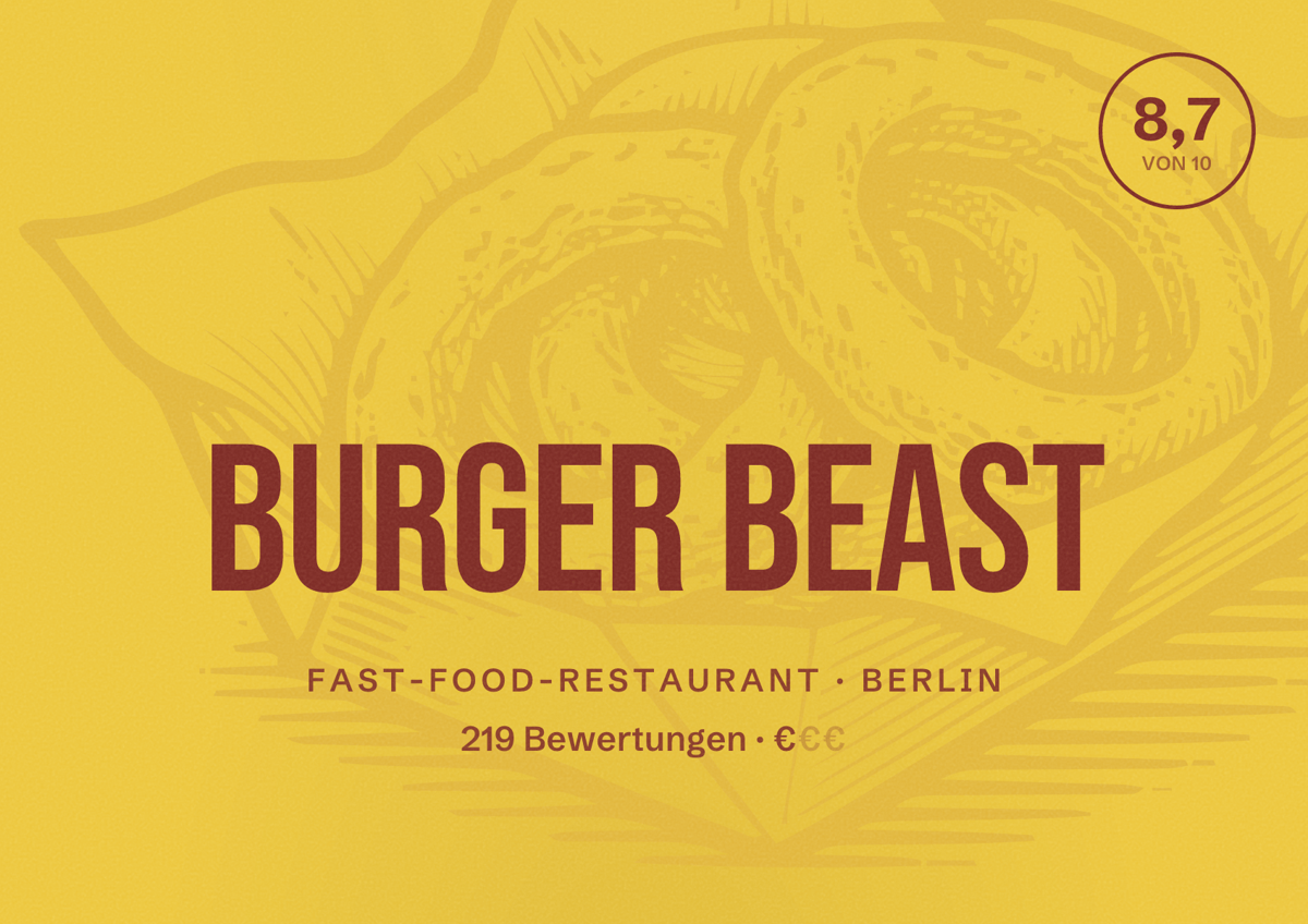 Illustriertes Poster von Burger Beast, Fast-Food-Restaurant in Berlin: Bewertung 8,7 von 10 aus 219 Bewertungen, Preisniveau €