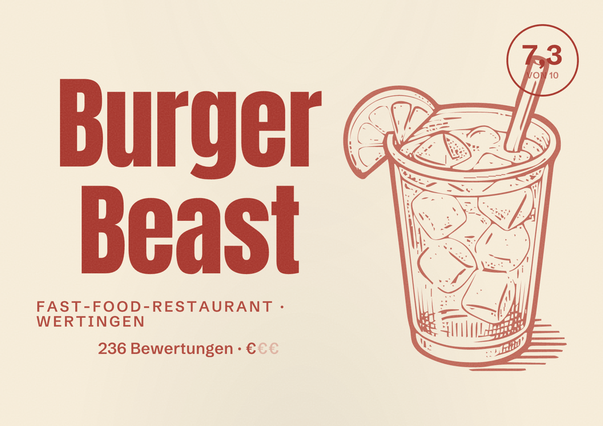 Illustriertes Poster von Burger Beast, Fast-Food-Restaurant in Wertingen: Bewertung 7,3 von 10 aus 236 Bewertungen, Preisniveau €