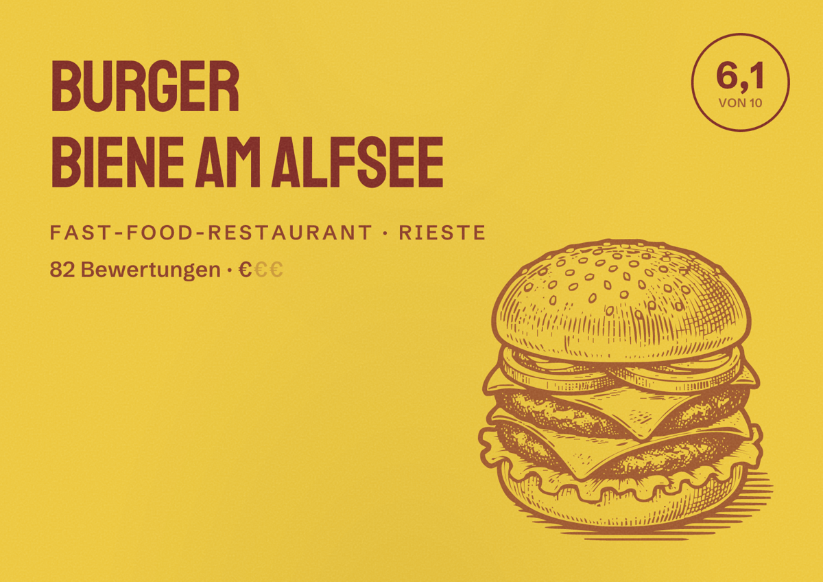 Illustriertes Poster von Burger Biene am Alfsee, Fast-Food-Restaurant in Rieste: Bewertung 6,1 von 10 aus 82 Bewertungen, Preisniveau €