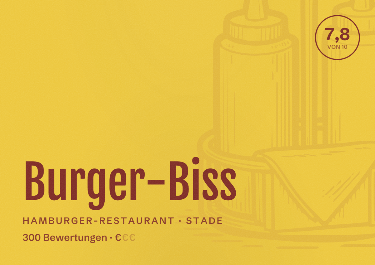 Illustriertes Poster von Burger-Biss, Hamburger-Restaurant in Stade: Bewertung 7,8 von 10 aus 300 Bewertungen, Preisniveau €