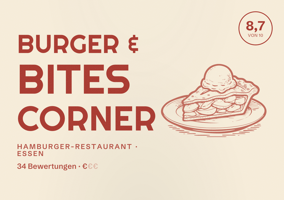 Illustriertes Poster von Burger & Bites corner, Hamburger-Restaurant in Essen: Bewertung 8,7 von 10 aus 34 Bewertungen, Preisniveau €