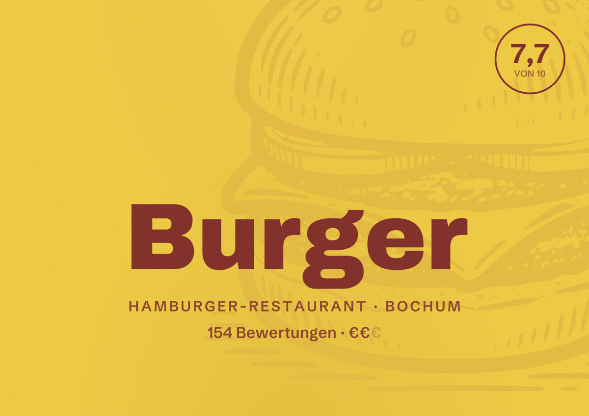 Illustriertes Poster von Burger, Hamburger-Restaurant in Bochum: Bewertung 7,7 von 10 aus 154 Bewertungen, Preisniveau €€